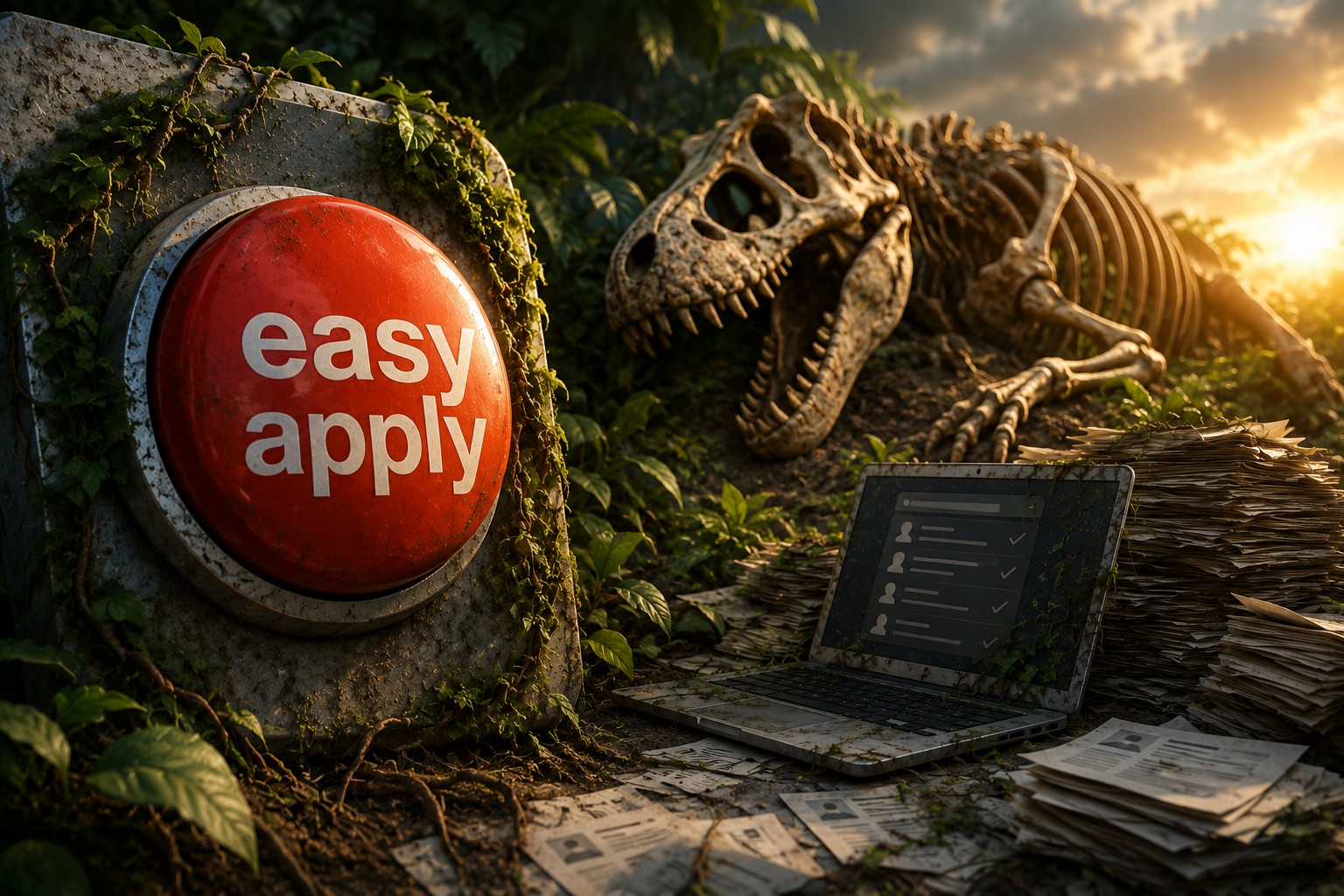 Easy Apply button surrounded by piles of resumes and a dinosaur skeleton, symbolizing how one-click applications can overwhelm hiring teams.