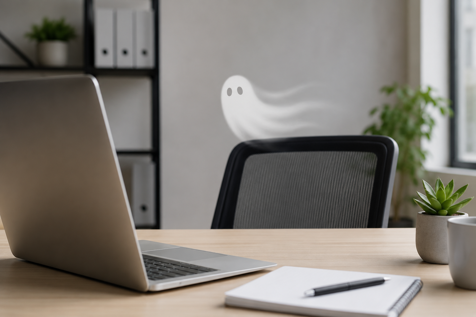 Empty office chair with a subtle ghost illustration symbolizing candidate ghosting during the hiring process