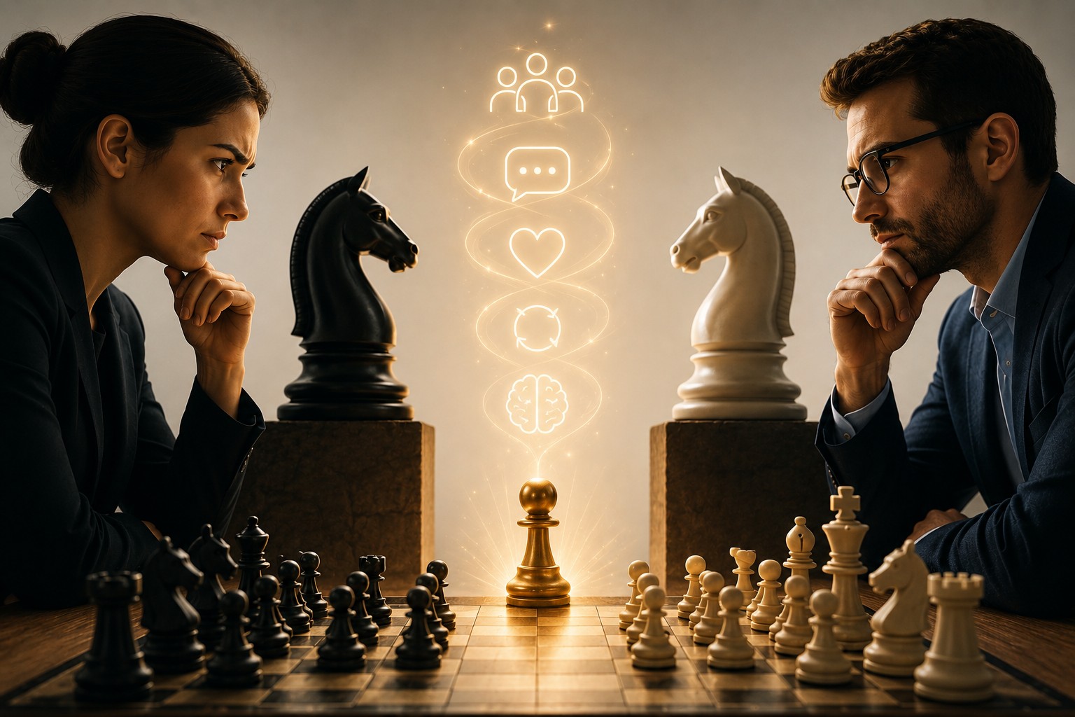 Recruiter and hiring manager in a strategic chess match with soft skills symbols emerging between them.