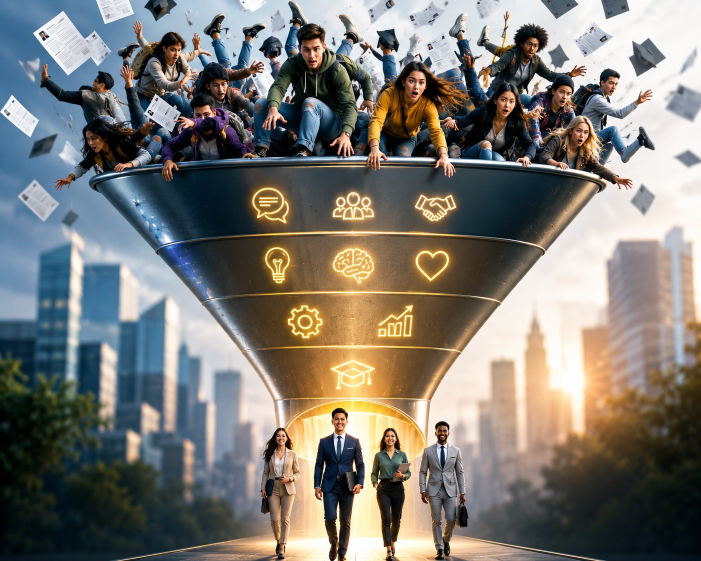 A funnel-shaped workforce development pipeline transforms a large pool of raw applicants into a smaller group of polished, workplace-ready candidates